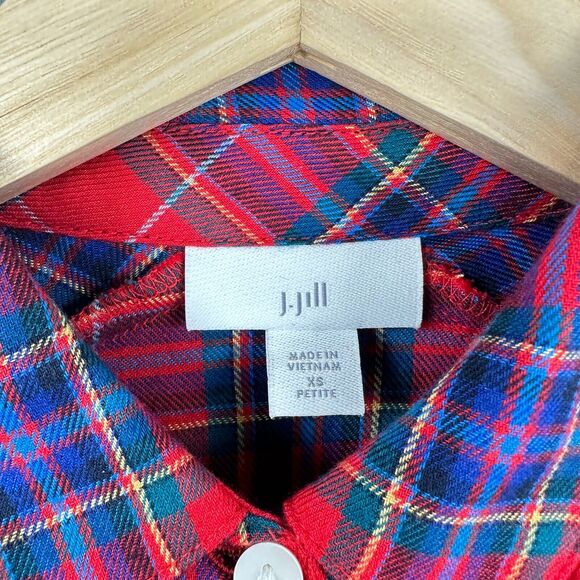 J. Jill Top Womens Petite XS Red Plaid Flannel Button Front Long Sleeve - Picture 7 of 10